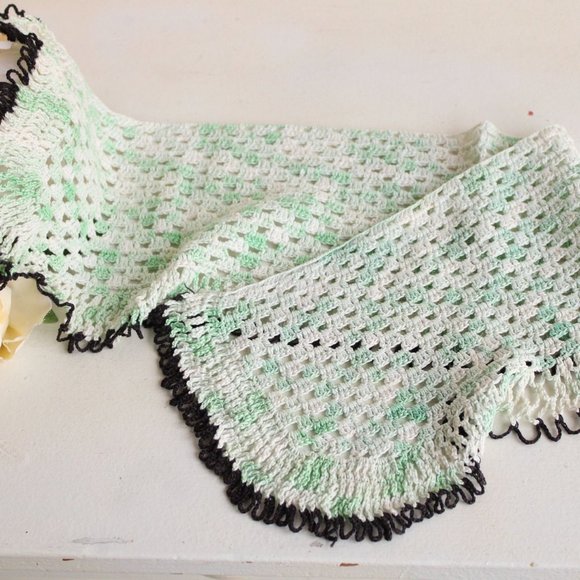 Vintage Crochet Doily in Green and White And Black,  Long Table Scarf, Woven - Picture 1 of 10